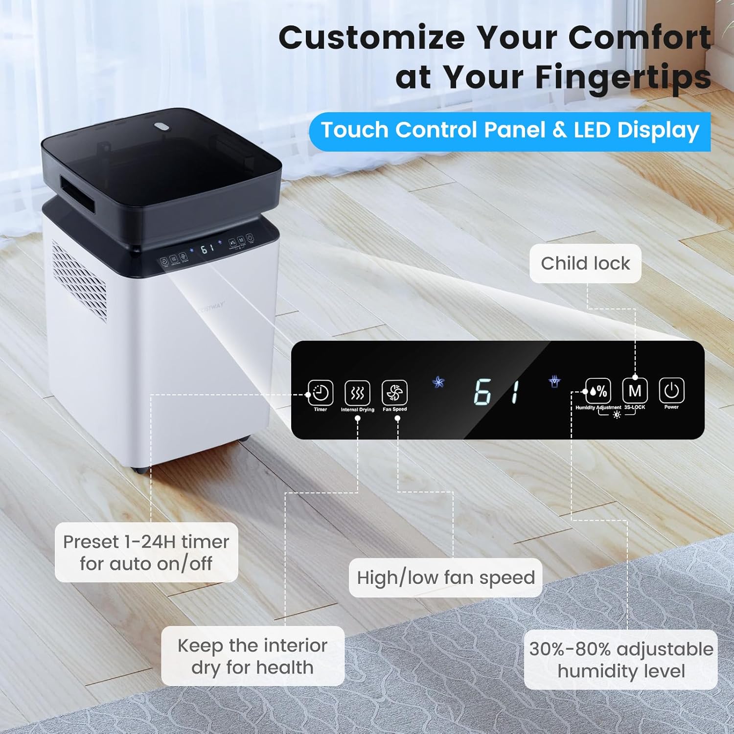 COSTWAY 90 Pints Dehumidifier with Pump, Easy Humidity Control, Multiple Drainage Options, 24H Timer & 2.2 Gal Water Tank, Dehumidifier for Basement, Home