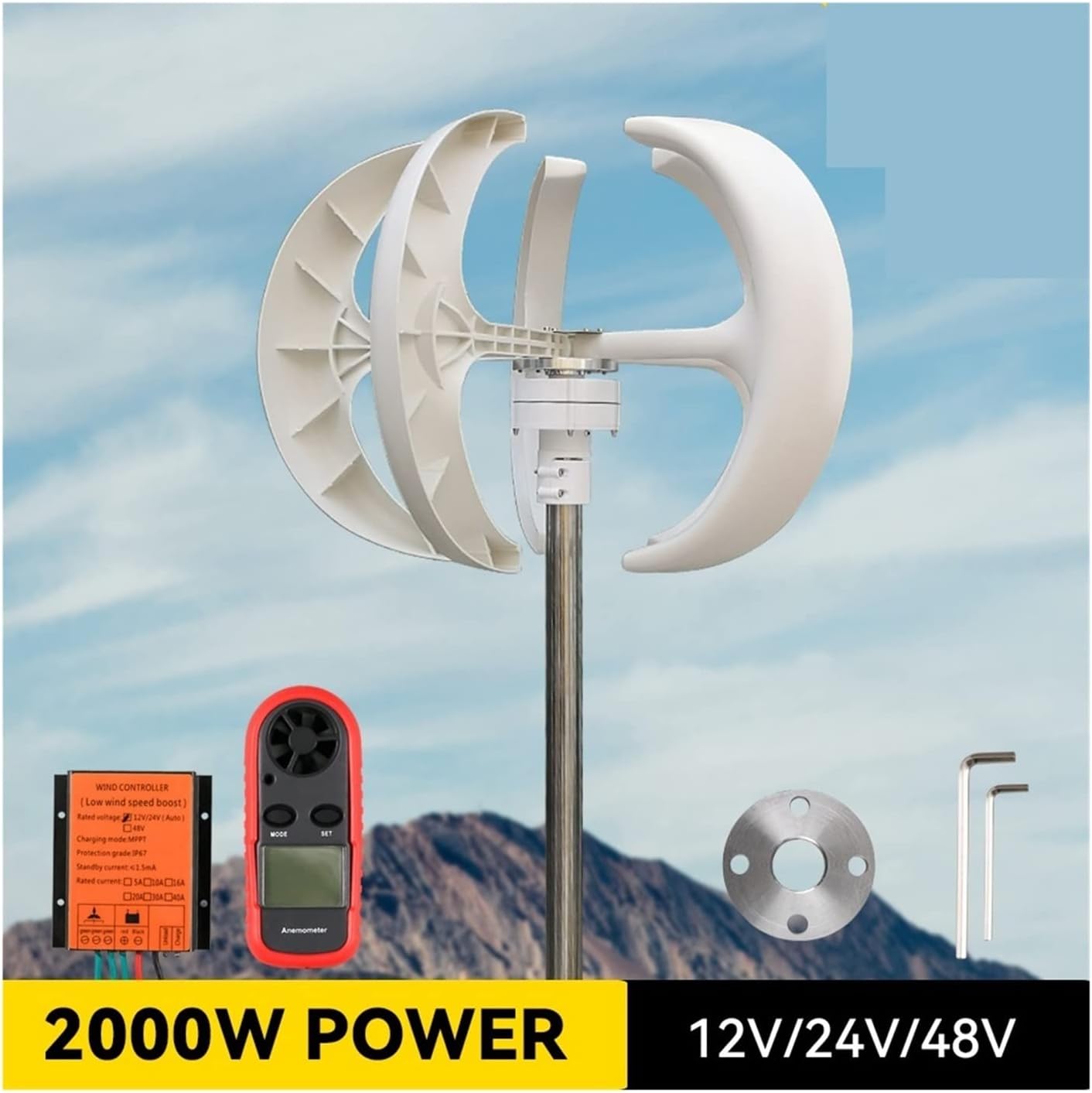 Wind Turbine, Vertical Energy Wind Turbine Windmill Generator 2000W 12v 24v 48v Low Noise Wind Speed Start with MPPT Charge Controller(White,with MPPT Controller_48V)