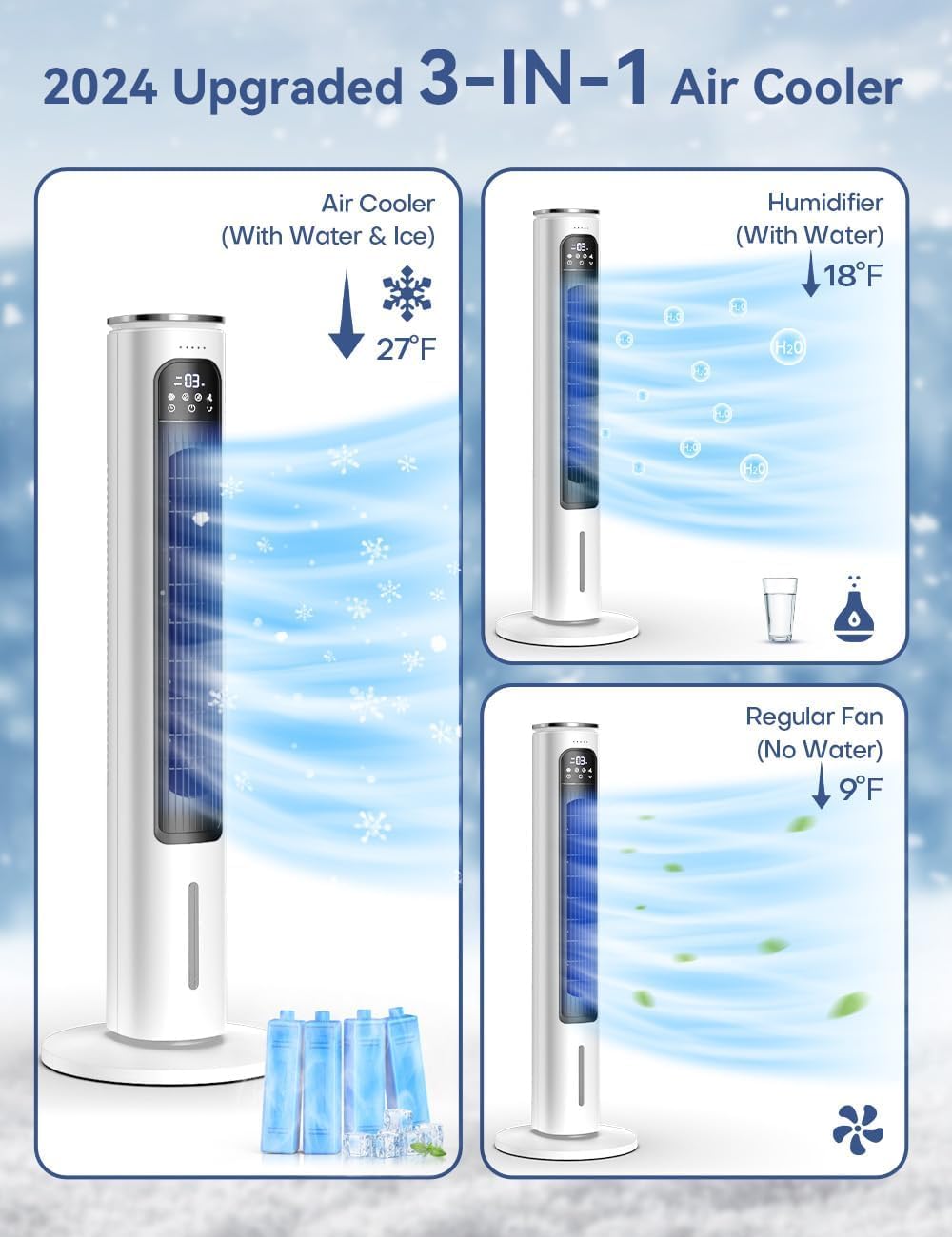 37 INCH Evaporative Air Cooler w/LED Display, Touch Control & 20FT Remote, 3 Modes & 3 Speeds Swamp Cooler Air Conditioner, 12H Timer for Auto-off, 70° Wider Oscillating Air Cooler for Room