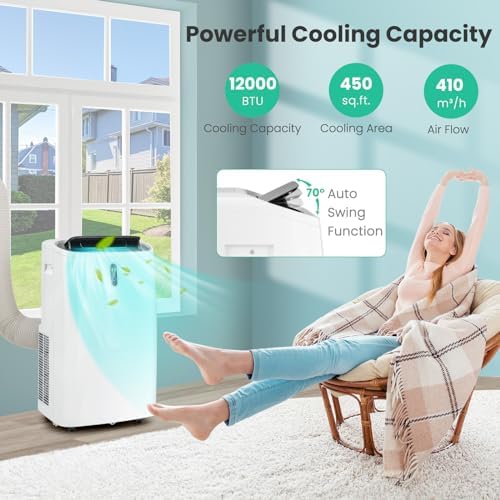 KOTEK WiFi Enabled Portable Air Conditioners with Heat, up to 450 Sq.Ft, Work with Alexa, 12000 BTU 4-in-1 AC Unit for Bedroom w/Window Kit, Room Air Conditioner Portable for Home Office (12000 BTU)