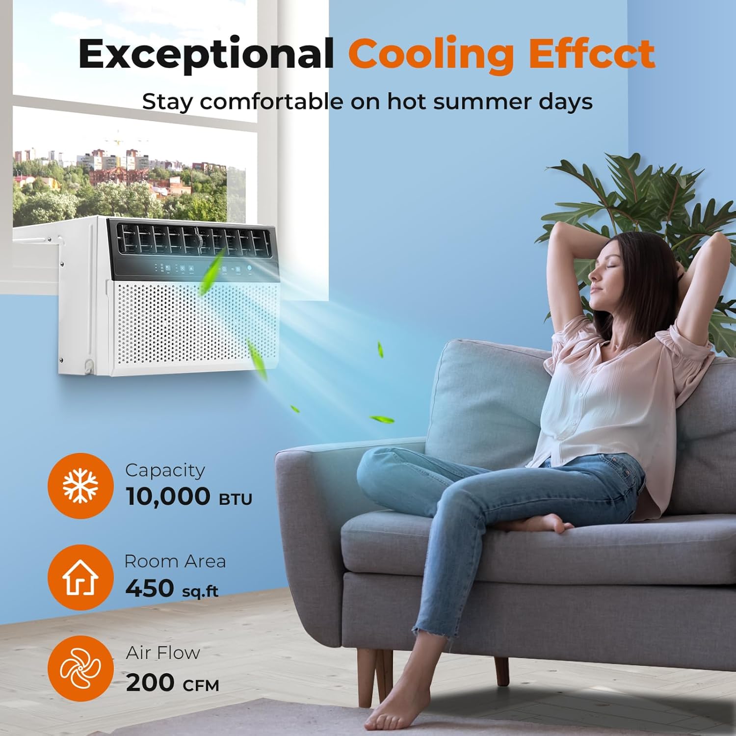 R.W.FLAME Window Air Conditioner 10,000 BTU, 6 in 1 U Shaped Window AC unit with Remote Control, Fast Cooling Up to 450 Sq.Ft. Thermostat Control/Timmer/Energy Saving,White