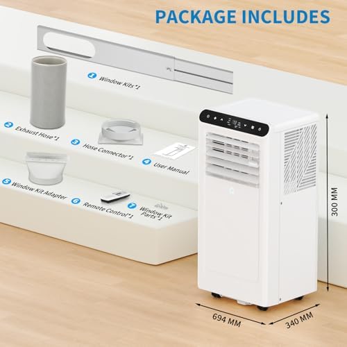 8,000 BTU Portable Air Conditioner, 3-in-1 AC Unit with Fan & Dehumidifier, Cools Up to 350 Sq.ft, Remote Control, 24H Timer, Auto Swing, Quiet Portable AC for Bedroom/Living Room/Office, Black