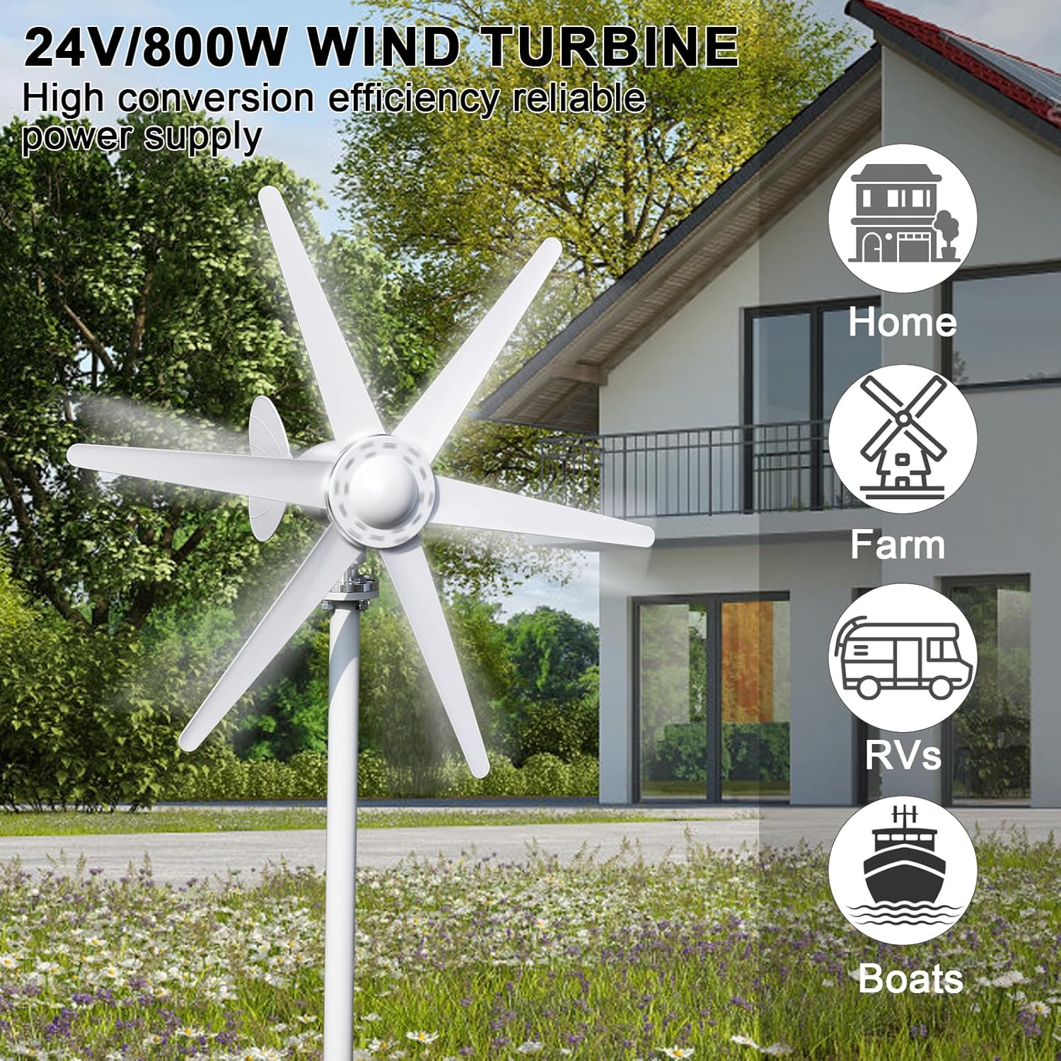 800W 12V/24V Wind Turbines Generator Kit, 6-Blade Fan Wind Power Generator, Electromagnetic Electricity Producer Equipment, Full Power Protection (White)