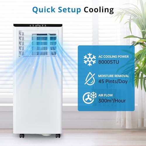 8,000BTU Portable Air Conditioner with Remote Control, Portable AC for Room up to 350 Sq. Ft., 5-in-1 Air Conditioner with Digital Display, Window Installation Kit, 24H Timer, Sleep Mode