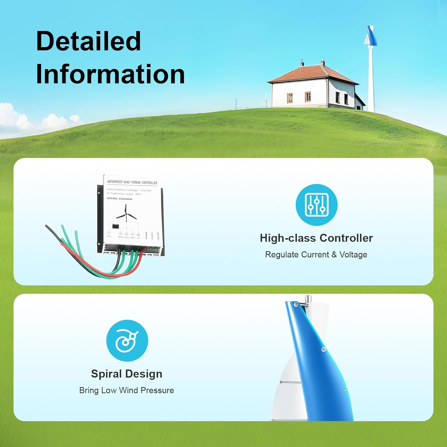 Wind Turbine, 12V 100W Vertical Axis Wind Turbine Generator Aluminum Alloy Blades Wind Power Generation Permanent Magnet Home Windmill Kit with Electromagnetism Controller for Home Business