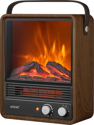 Shinic Electric Fireplace Heaters for Indoor Use,1500W Space Heater with Crackling Sound & 3D Realistic Flame, Safety Protection, Mini Portable Fireplace Heater for Home Christmas Decoration, Walnut