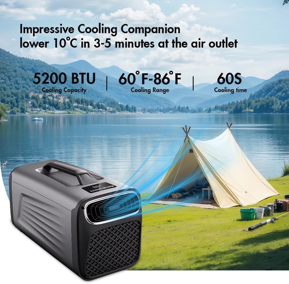 Portable Air Conditioner for Camping Outdoor and Indoor Use, 5200BTU Fast Cooling Capacity for Tent AC，Quiet Air conditoning For Small Rooms，Pet House Black Grey