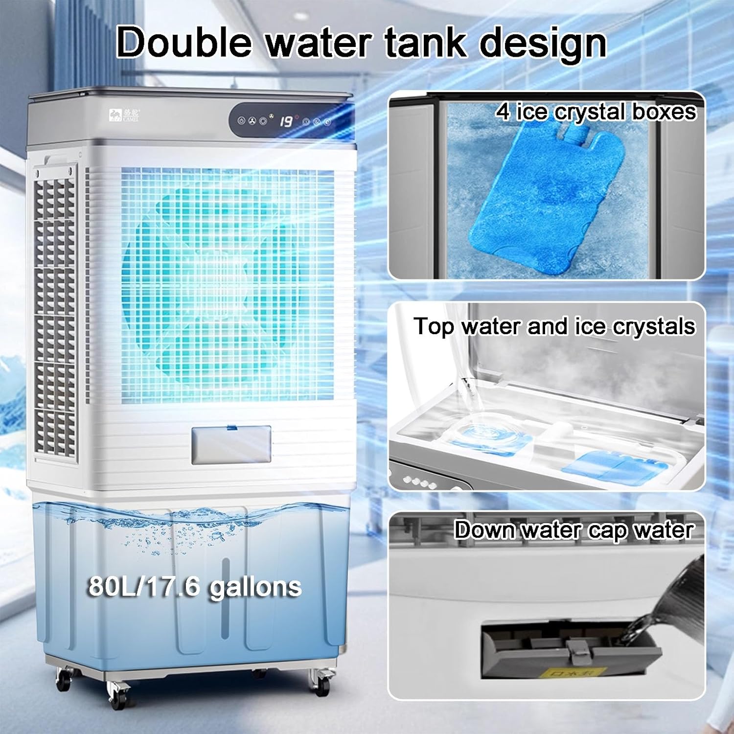 Swamp Cooler, Portable Evaporative Cooler with Remote, Air Conditioner Fan with 17.6 Gal Water Tank, 120° Oscillation, 3 Speeds, 4 Ice Boxes