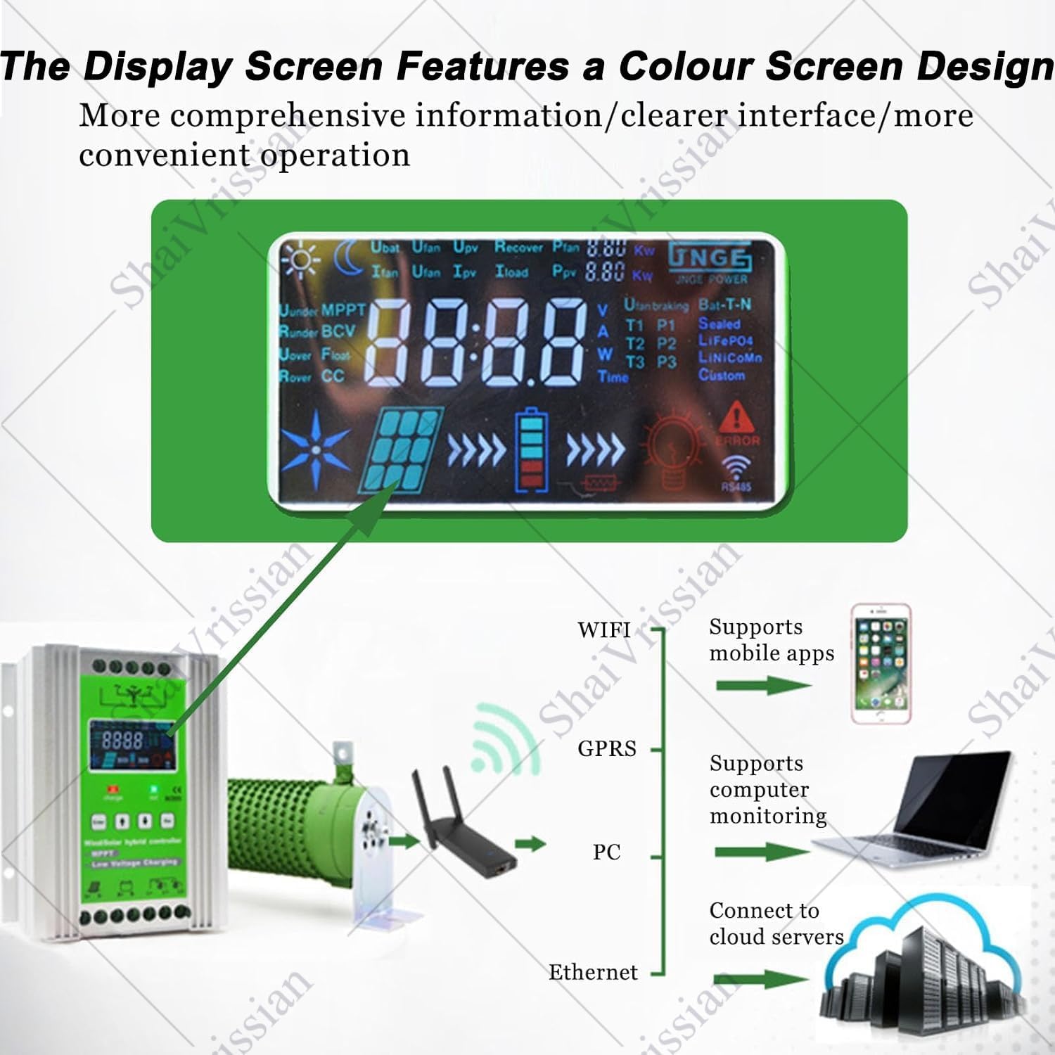 300w-1200w Mppt Wind Solar Hybrid Controller,Boost Function,Voltage Automatic,for 12/24/48v Sealed and Lithium Battery,Colorful LCD Display,for Home Boat Street Light W400/S500W-12V
