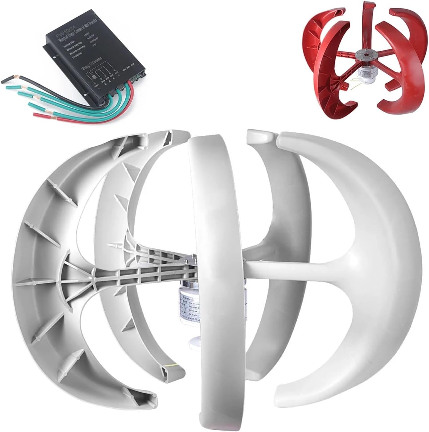Wind Turbine 600W 24V Wind Turbine Generator Lantern Vertical Axis Wind Generator 5 Leaves with Controller Motor Kit White Red Industrial Energy(White)