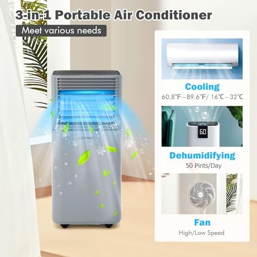 DORTALA Portable Air Conditioners 10000 BTU, AC Cooling Uint with Dehumidifier, Remote Control, 24H Timer & Window Kit, Stand up Air Conditioner for Bedroom, Dorm, Cools up to 350 sq.ft, Grey