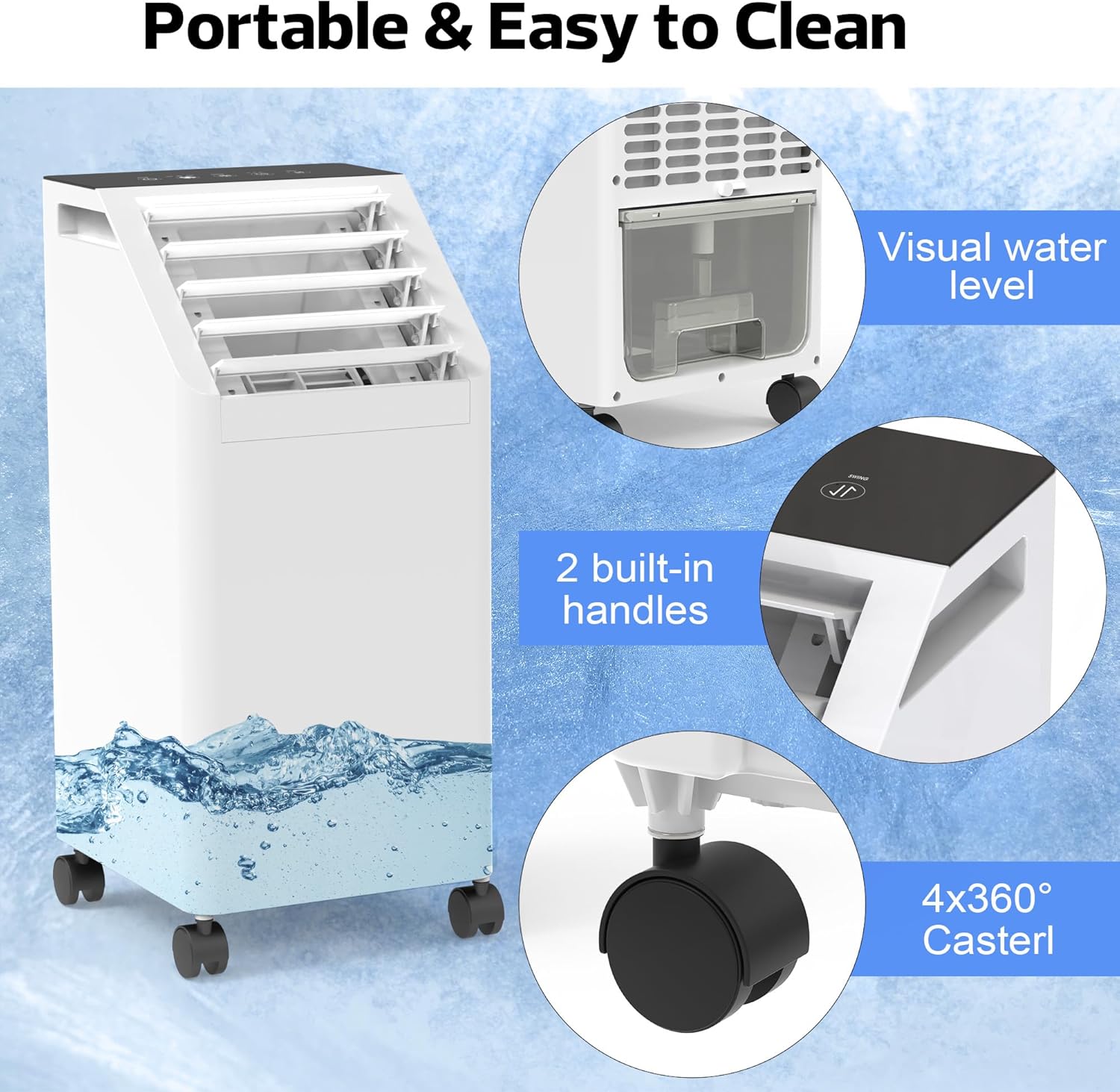 3-IN-1 Windowless Portable Air Conditioner, Evaporative Air Cooler with 90° Oscillation, 3 Speeds, Remote, 1 Gal Water Tank, 4 Ice Packs, Timer, Fast Cooling Fan for Indoor Bedroom Office