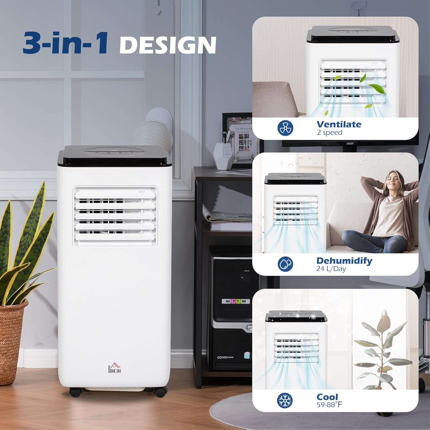 HOMCOM 8000 BTU Portable Air Conditioner for Rooms Up to 345 Sq. Ft., 5-in-1 AC Unit with Dehumidifier, Cooling Fan, Auto, Sleep & Remote, 24H Timer On/Off, Window Installation Kit, White