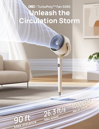 Dreo Smart Fan for Bedroom, 120° +120° Omni-Directional Oscillating Fans, 90ft Quiet Pedestal Fan with RGB Light, 9 Speeds, 6 Modes, 20dB, 8H Timer, Wi-Fi/Voice/Alexa, 37-42