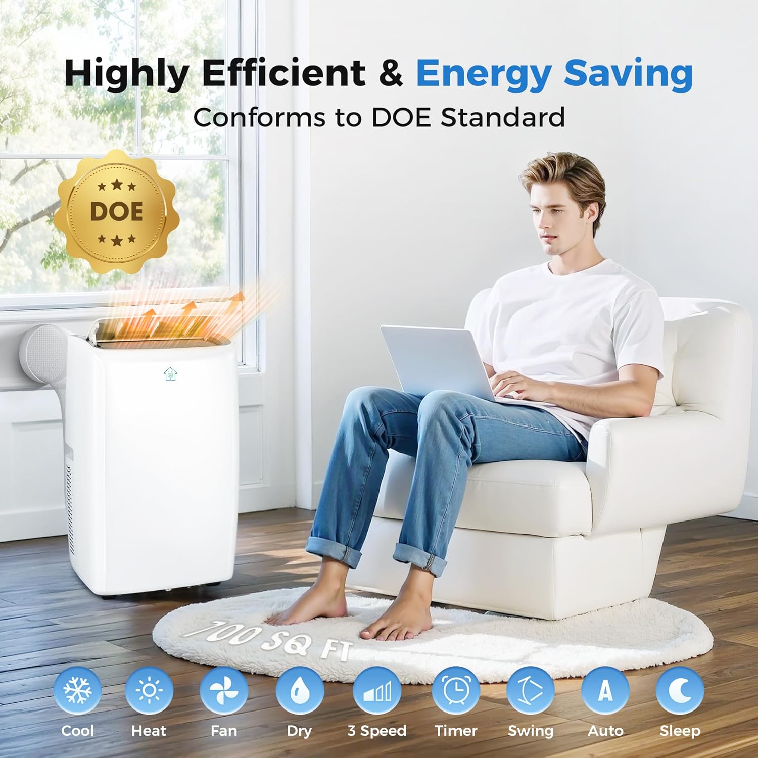 2025 Upgraded Smart Portable Air Conditioner,12,000 BTU Portable AC Unit with Built-in Cool&Heat, 4-in-1 Cooling Fan & Dehumidifier for Rooms up to 550 Sq. Ft.,Smart APP and Remote Control,3 Speed