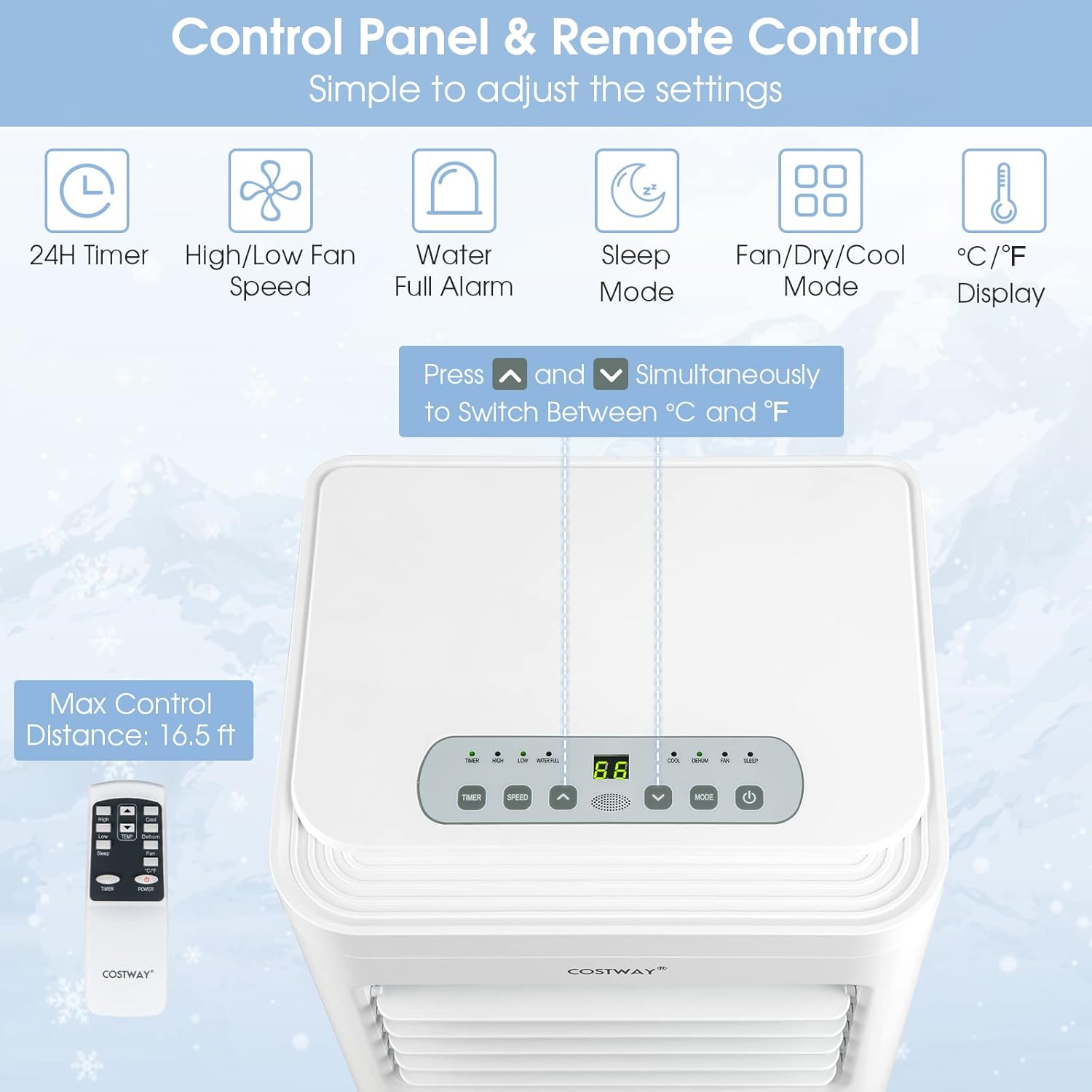 COSTWAY Portable Air Conditioner, 8000 BTU AC Unit with Built-in Dehumidifier, Fan Mode, Sleep Mode, 24H Timer, Remote Control, Window Installation Kit & Remote Control, Cools up to 250 Sq. Ft