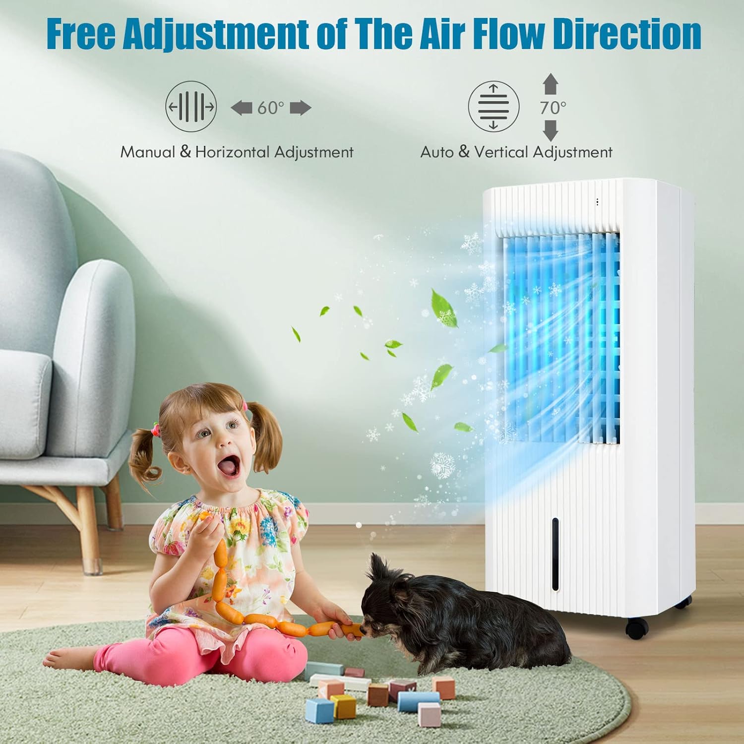 PETSITE Evaporative Air Cooler, 3-IN-1 Cooling Fan & Humidifier with Remote, 2 Ice Packs, 15H Timer, 1.3 Gal Water Tank, Personal Swamp Cooler for Bedroom with Cold Air