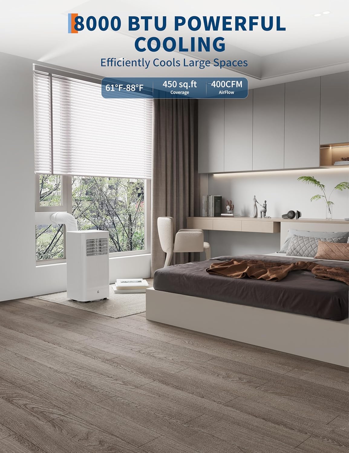 8000 BTUs Portable Air Conditioner, AC Unit for Bedroom with Built-in Dehumidifier, Fan, Cools Room up to 350sq.ft., Remote Control, Smart/Sleep Mode, 24H Timer