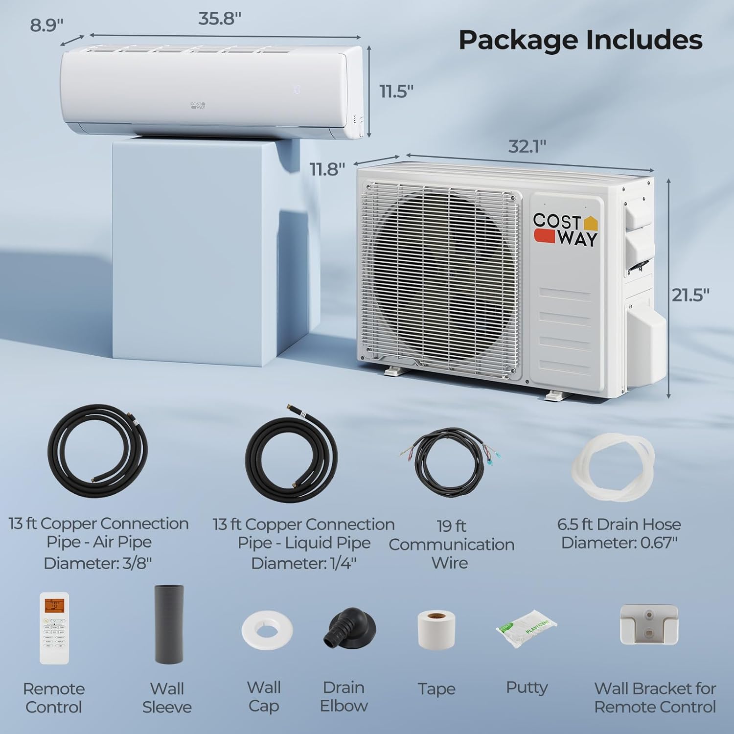 COSTWAY 17000 BTU Mini Split Air Conditioner, 208/230V 17 SEER2 Wifi Enabled Inverter Air Conditioner & Heater Pump System Cools Up to 1250 Sq. Ft, Compatible with Alexa, w/Installation Kit