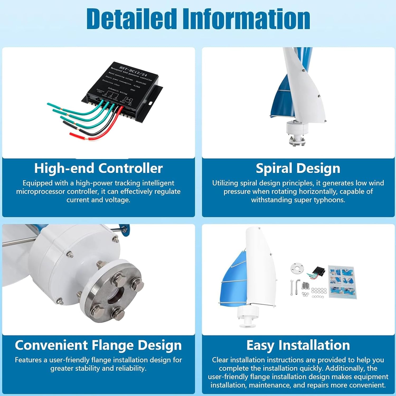1500W 12V 24V 48V Portable DC/AC Wind Turbine Generator,W/Controller & 2 Aluminum Alloy Blades Spiral Solar Generator Suitable for Courtyards/Farms,12v