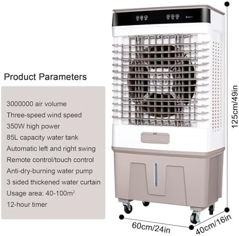Swamp Cooler Air Conditioner, Evaporative Air Cooler with 26.4 Gallon Water Tank and Remote, 4 Ice Box, 8H Timer, Portable Cooling Fan with 3 Speeds for Commercial, Industrial, Garage, Outdoor Use