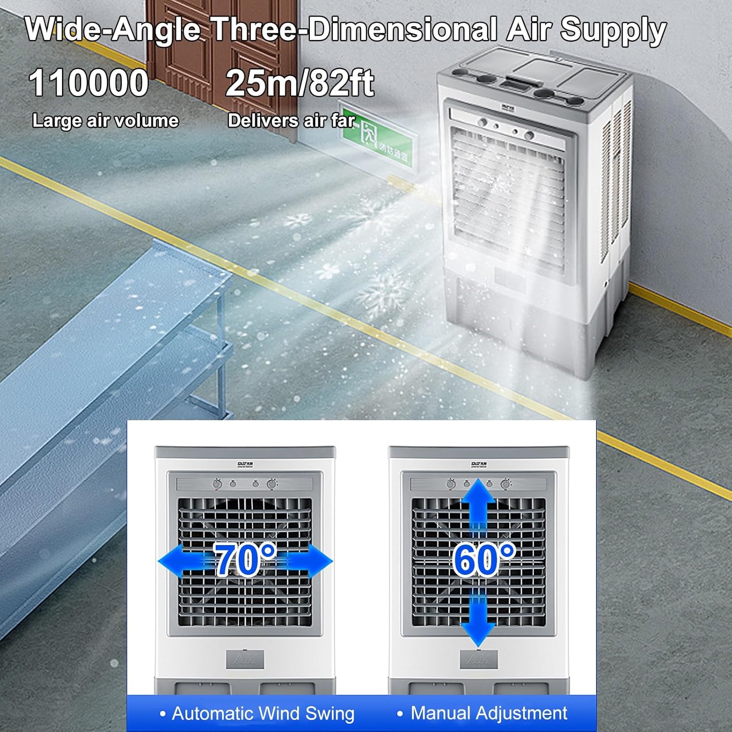 Industry Evaporative Air Cooler, Portable Swamp Cooler, 90L Large Capacity Water Tank, 3 in 1 Air Conditioner, Industry Humidifier, Swamp Cooler Outdoor for Outdoor Commercial Factory