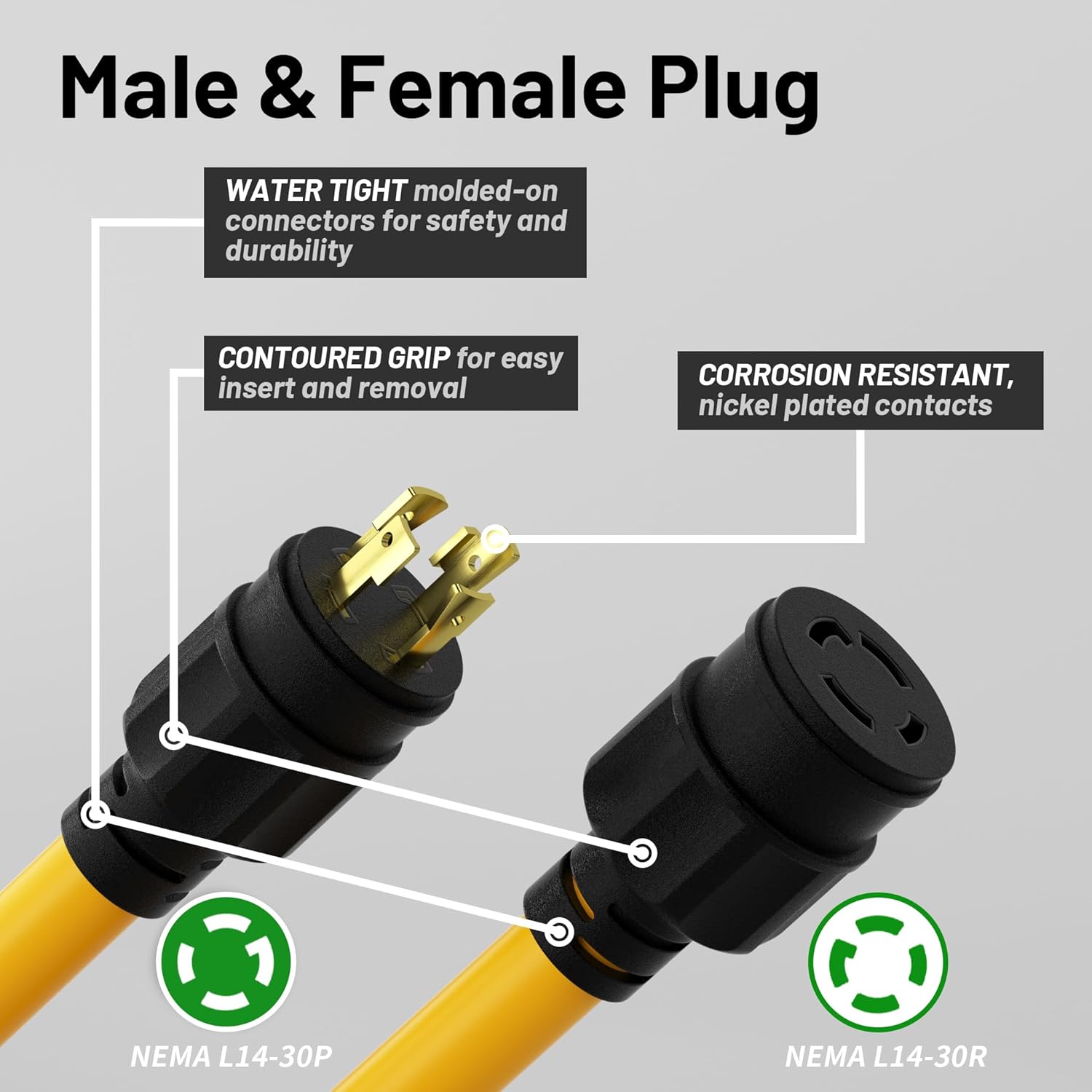 50FT 30 Amp Generator Cord, Outdoor Heavy Duty 4 Prong Extension Cord with Twist Lock, NEMA L14-30P/L14-30R, 30A 125/250V, 10 Gauge, STW, for Home Emergencies, RVs, ETL Listed, Yellow