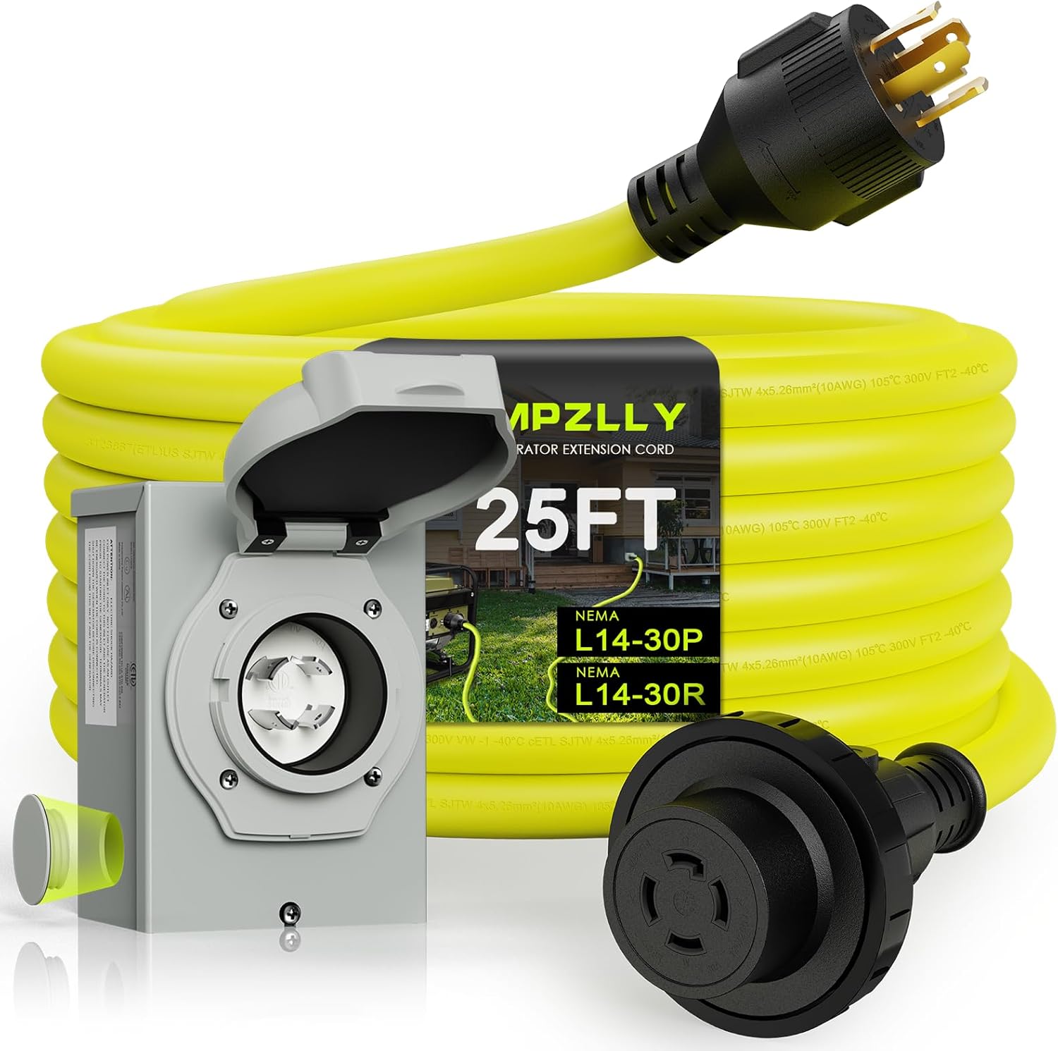 30 Amp Generator Cord 25FT and Power Inlet Box, NEMA L14-30P/L14-30R 125/250V Twist Lock Connector with Pre-Drilled NEMA L14-30P Generator Inlet Box for Generator to House, ETL Listed