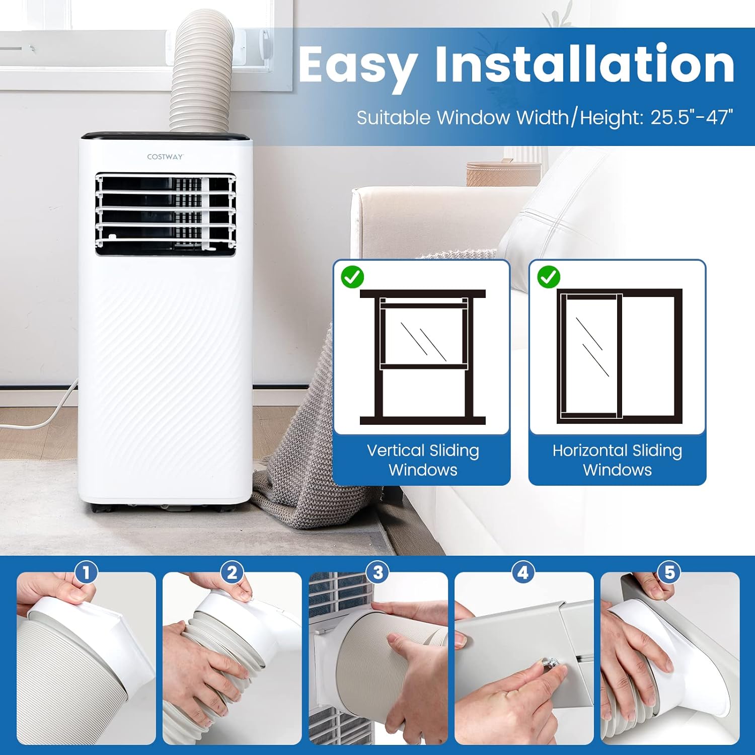 COSTWAY Portable Air Conditioner, 10000 BTU AC Unit with Cool, Fan, Dehumidifier & Sleep Mode for Rooms up to 350 Sq.Ft, with 24H Timer, Child Lock, Remote Control & Window Kit (White and Black)