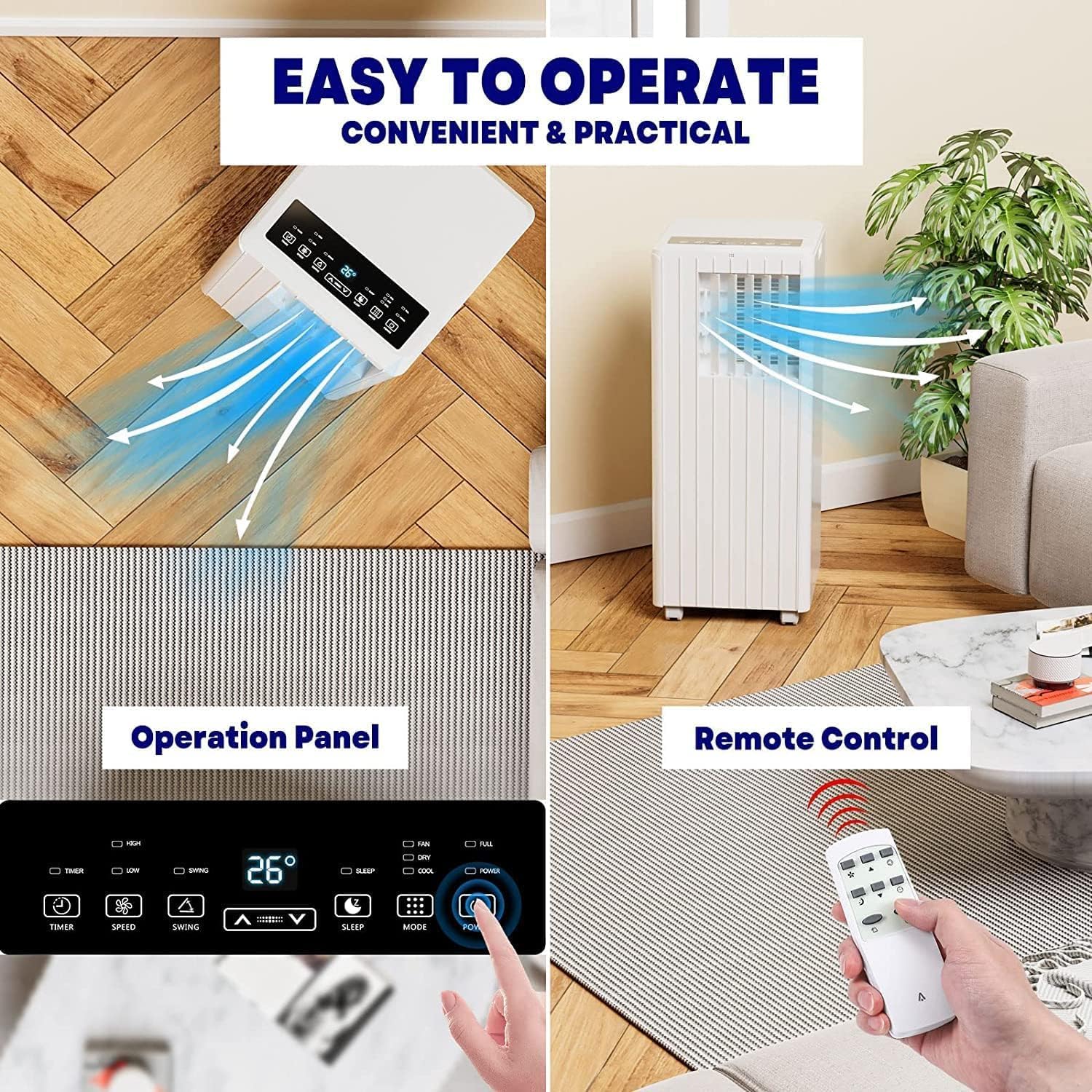 8000Btus Portable Air Conditioner with Cooling, Dehumidifier, Fan 3-IN-1 Indoor AC, 24H Timer, 2 Wind Speeds, Sleep Mode, Portable AC with Remote Control for Home Offices Garage