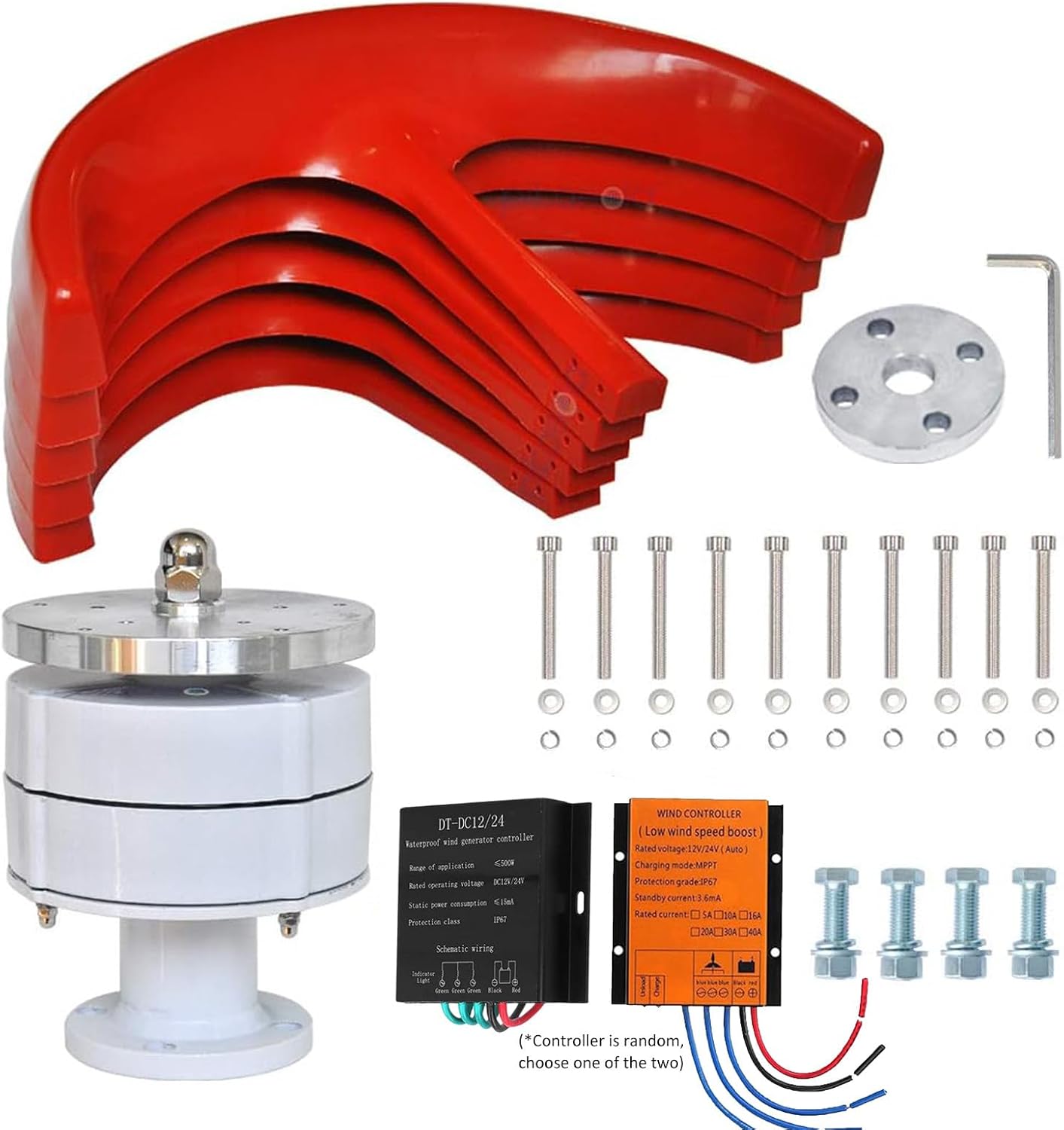 1200W Wind Turbine Generator, 3 Phase AC Permanent Magnet Generator,12V/24V/48V/110V/220V 5 Blades Vertical Wind Turbine Kit Low Wind Speed Starting w/Controller for Home,Boat,Motor Home,Red12V