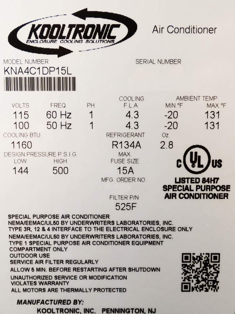 KNA4C1DP15L Enclosure Air Conditioner, 120V, 60Hz, 1160 BTU, NEMA 12, 3R & 4