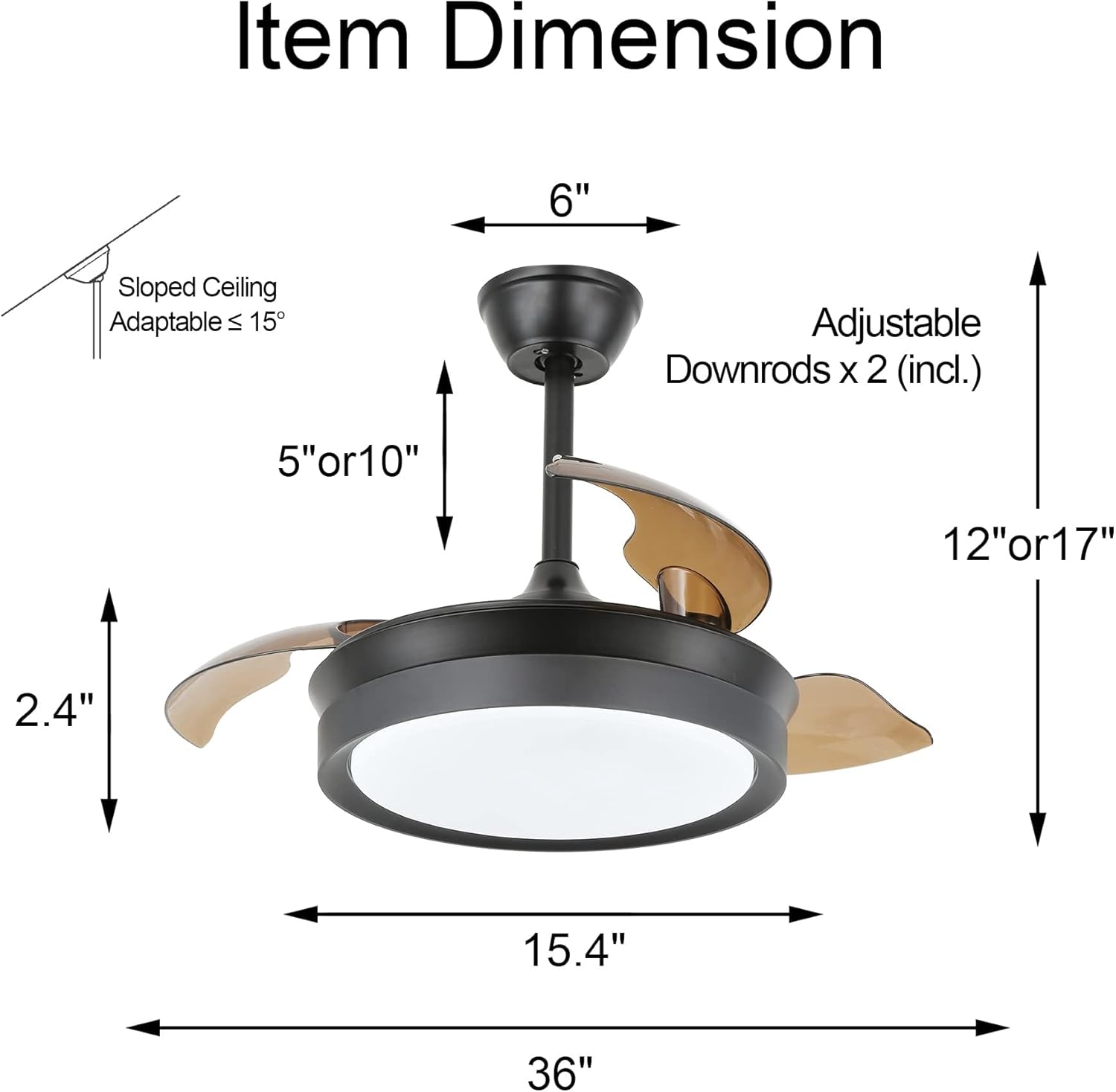 Bella Depot Retractable Ceiling Fan with Lights and Remote with 3 Color Change, Timing Options, Silent Noiseless for Dining Room Bedroom Kitchen (Classic Black, 36