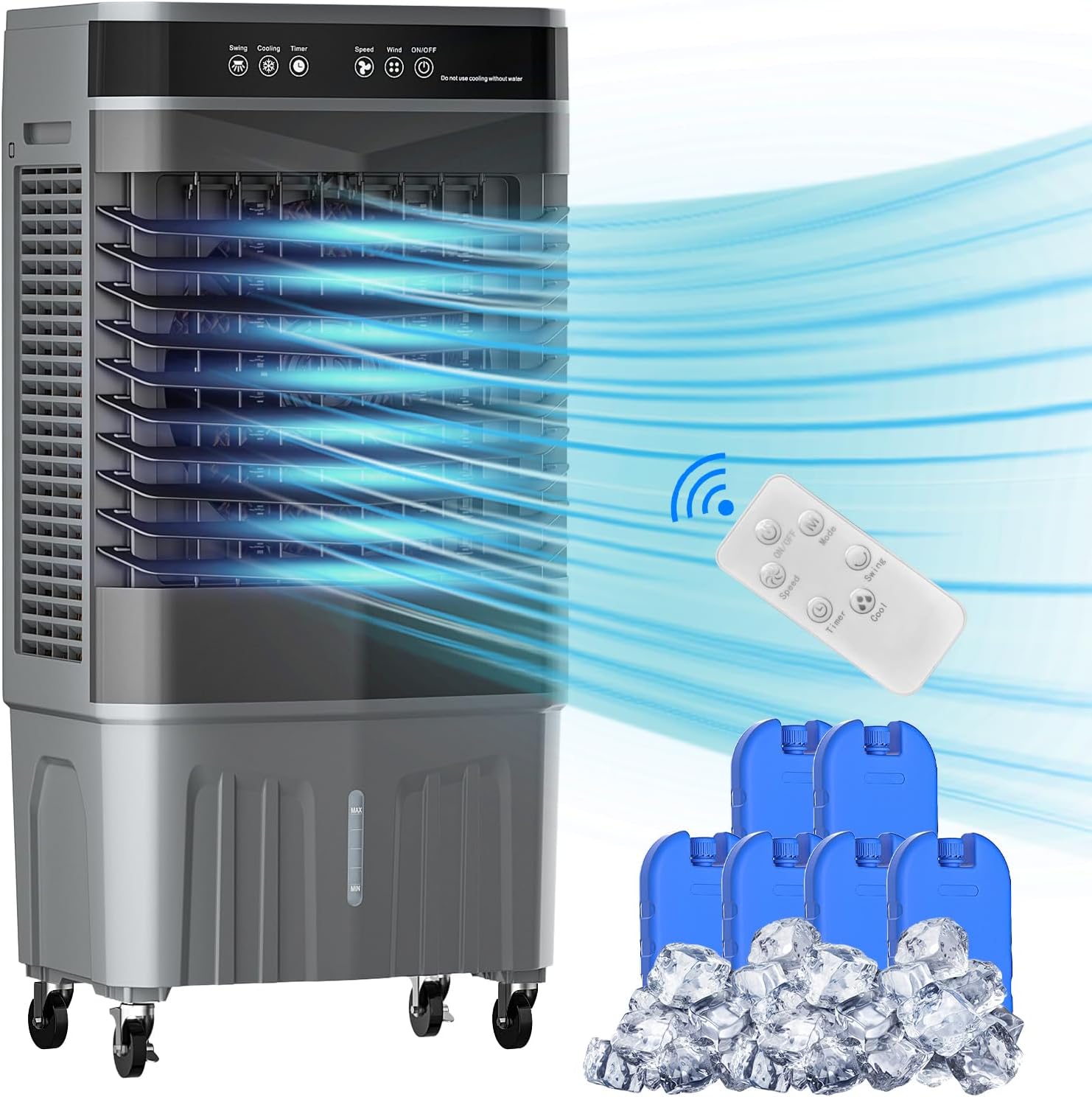 Zynkez 8.2 Gal Swamp Cooler with Remote, 2800CFM Portable Evaporative Air Cooler with 12H Timer, 3 Seepds, 6 Ice Packs, 120°Oscillation, Swamp Cooler Fan for Room, Bedroom, Garage