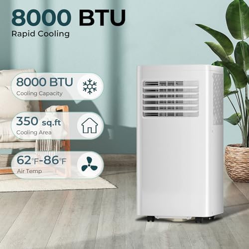 R.W.FLAME 8,000 BTU Portable Air Conditioner, 3-in-1 Portable AC Unit, 4 Modes with 24H Timer/LED Display/Remote Control/Installation Kits for Bedroom/Living Room/Dorm/Office, White