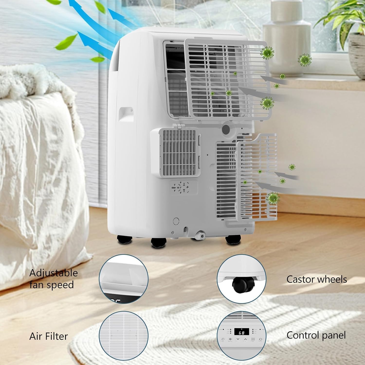 10,000 BTU Portable Air Conditioner - 3-in-1 Cooling, Dehumidifier Fan Cooling up to 450 Sq.Ft, Remote Control & 24H Timer, Easy-to-Use Portable Cooling Solution