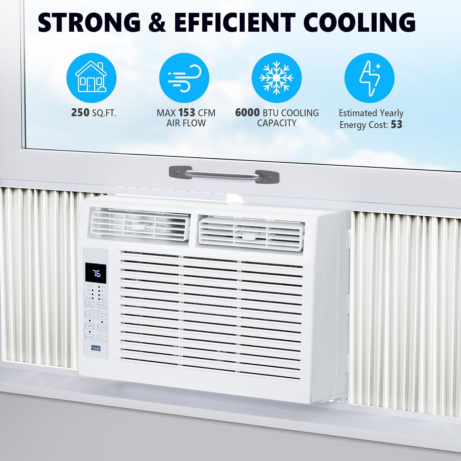 Window Air Conditioner 6,000 BTU, Window Type AC Unit with Cooling, Dry Mode, 4 Fan Speeds, 24-H Timer, Sleep Mode, Cooling for 250sq.ft Bedroom, Living Room, Office