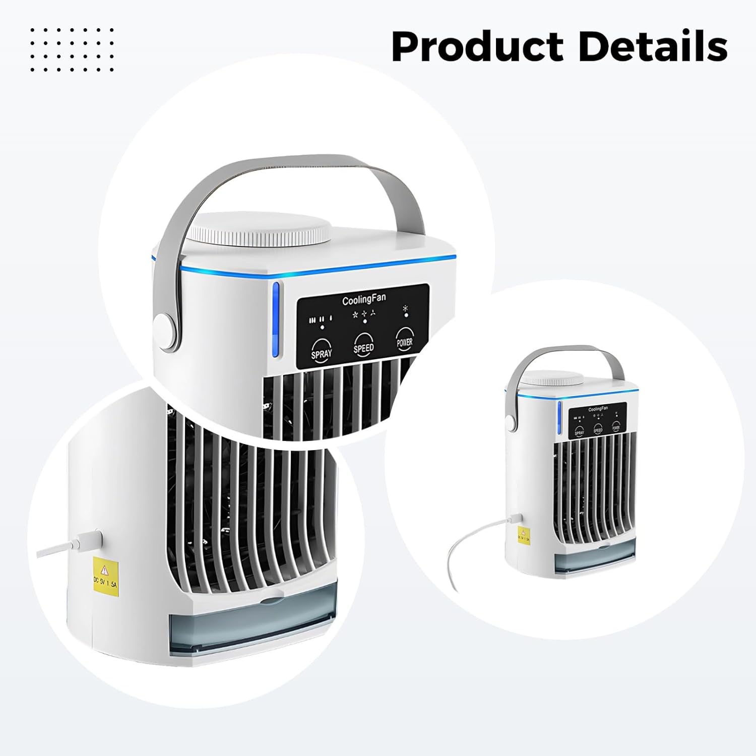 Portable Desk Air Conditioner, Usb Quiet 3-Speed Fan Plug-In, 16.91 Oz/500 Ml Water Tank, Mist & Speed Adjustable, Type-C Charging, For Dorm Office Bedroom