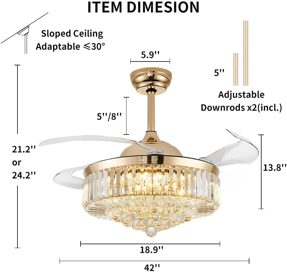 42 Inch Fandelier Ceiling Fan with Light, Chandelier Ceiling Fan for Bedroom Living Room, Dimmable, 6 Wind Speed. Reversible Motor, Memory Function-Gold