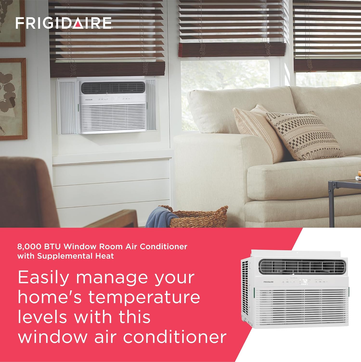 Frigidaire 8,000 BTU Window Air Conditioner with Supplemental Heat, Cools & Heats Up to 350 Sq. Ft., Remote Control, Quiet Operation, Eco Mode, 3 Fan Speeds, White