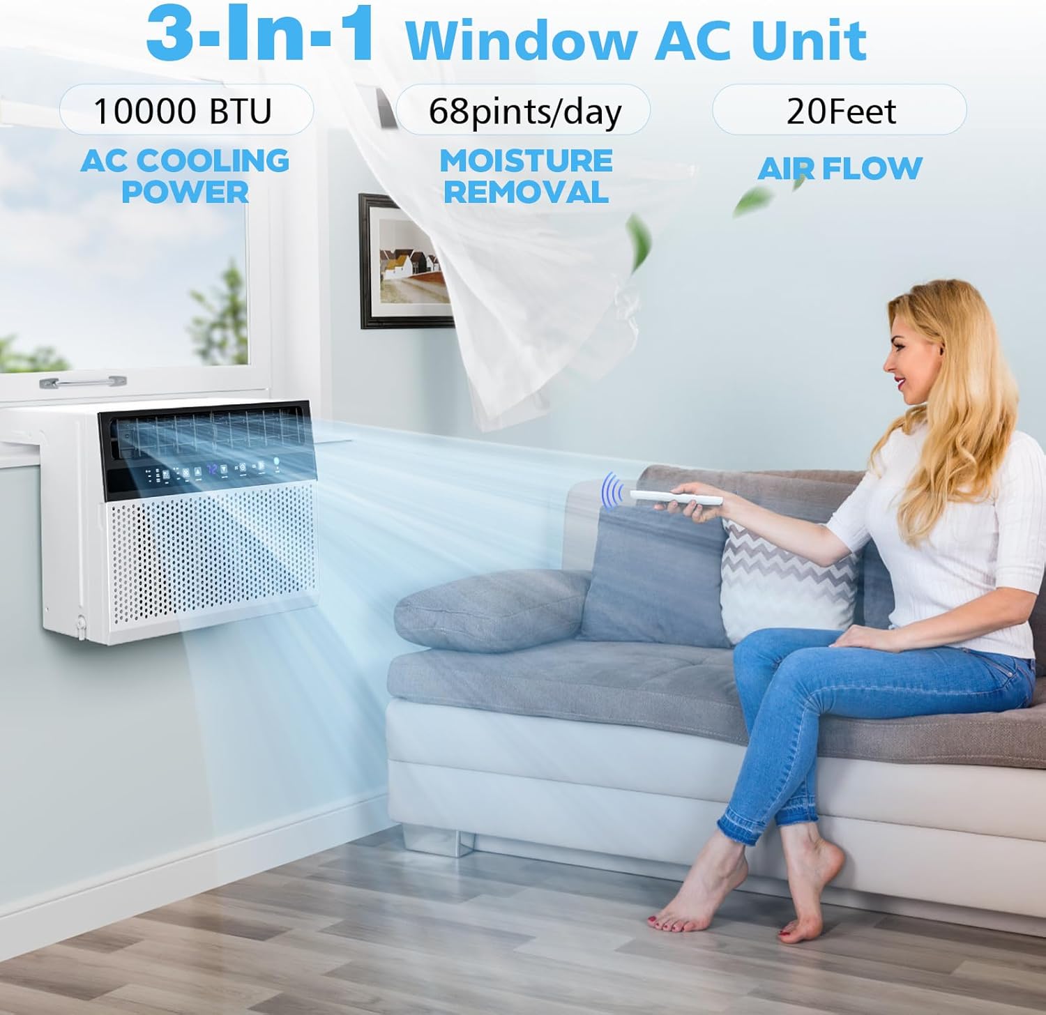 Joy Pebble 10000 BTU Window Air Conditioner, Window Air Conditioner for Room Cools Up to 450sq.ft, Window AC Unit with Cooling, Dehumidifier and 3 Fan Speed, 24-Hour Timer & ECO Mode