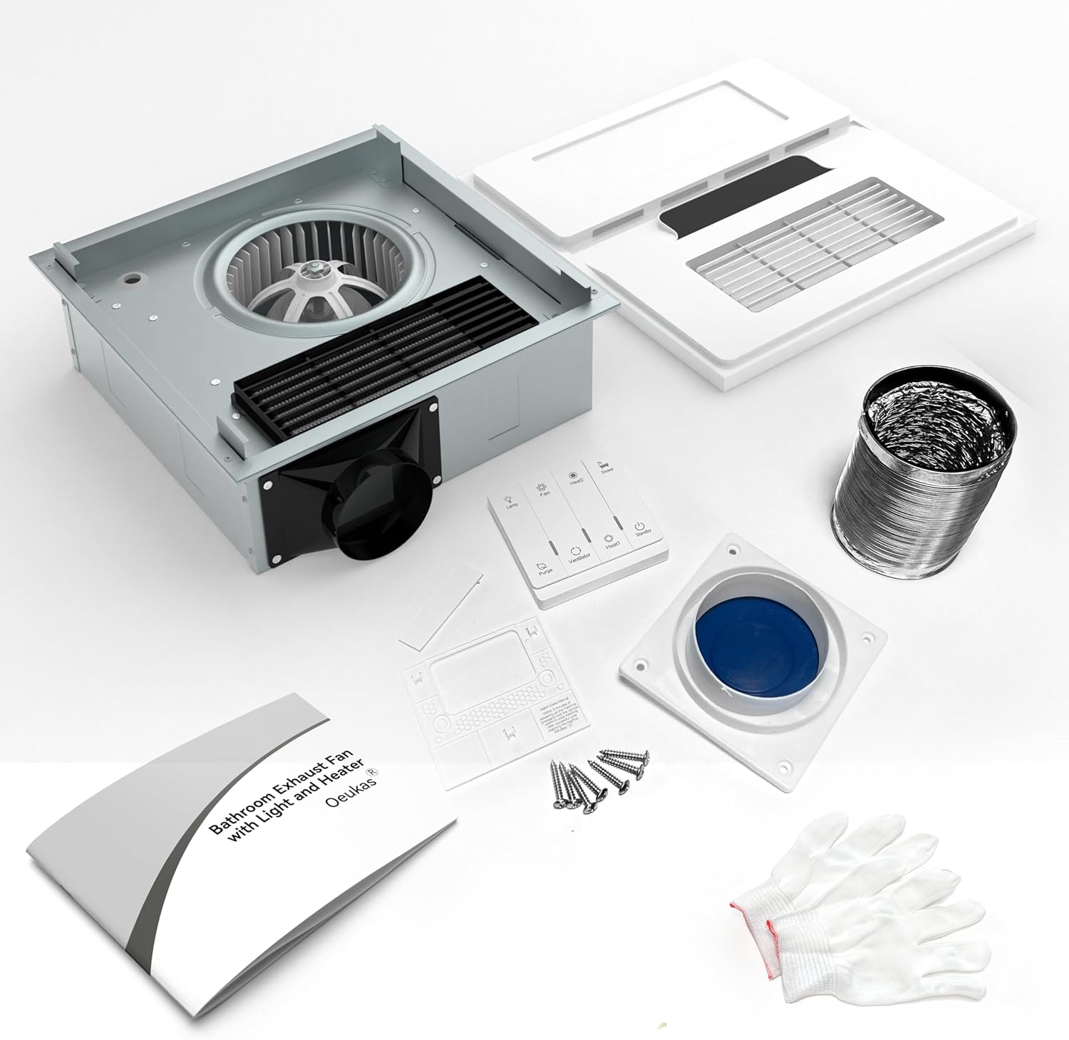 1800W Bathroom Exhaust Fan with Light and Heater, 110 CFM 4-in-1 Ceiling Vent Fan, 1.0 Sone Quiet Operation, 11.2” x 11.2” Ceiling Cutout, 13.8” Grille, 6500K LED Light, Metal Housing