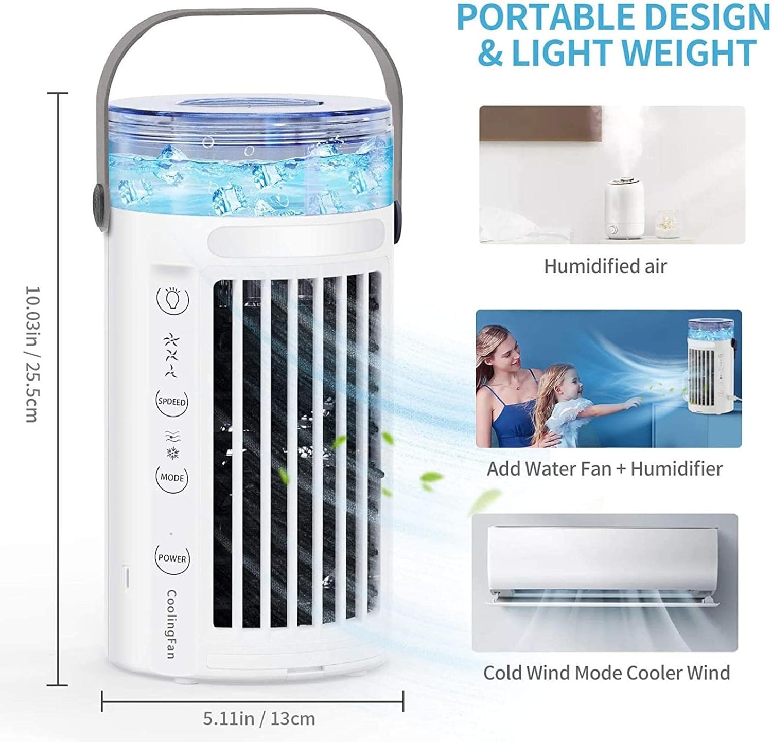 Portable Air Conditioner Cooler, Usb Fan 3 In 1, Seven-color Led Light 3-speed Adjustment, Bedroom Office Use, Mini Dehumidifier Purifier