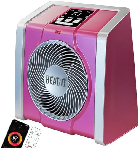 HEATIT Space Heater with Remote for Indoor, Digital Display with Thermostat,Containing Plasma & Ozone, 1-12H Timer, 1500W/750W,Electric Space Heater for Office, Bedroom,Pink,10.6