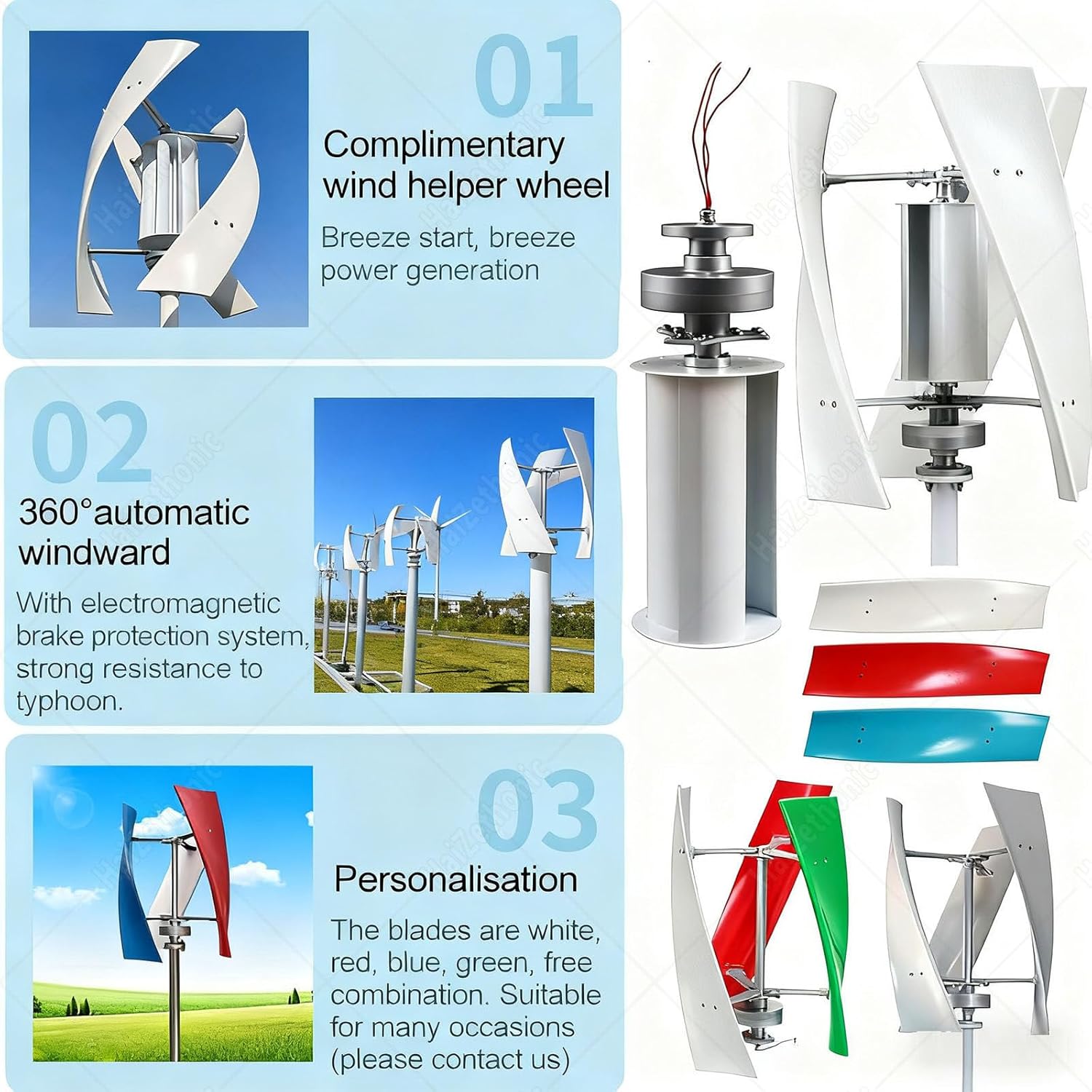 Wind Turbine Generator Kit,Vertical Axis Wind Turbine,Maglevs Wind Generator with Controller,Quiet 3 Leaves Small Household Windmill for Home,Industrial Energy White-48V