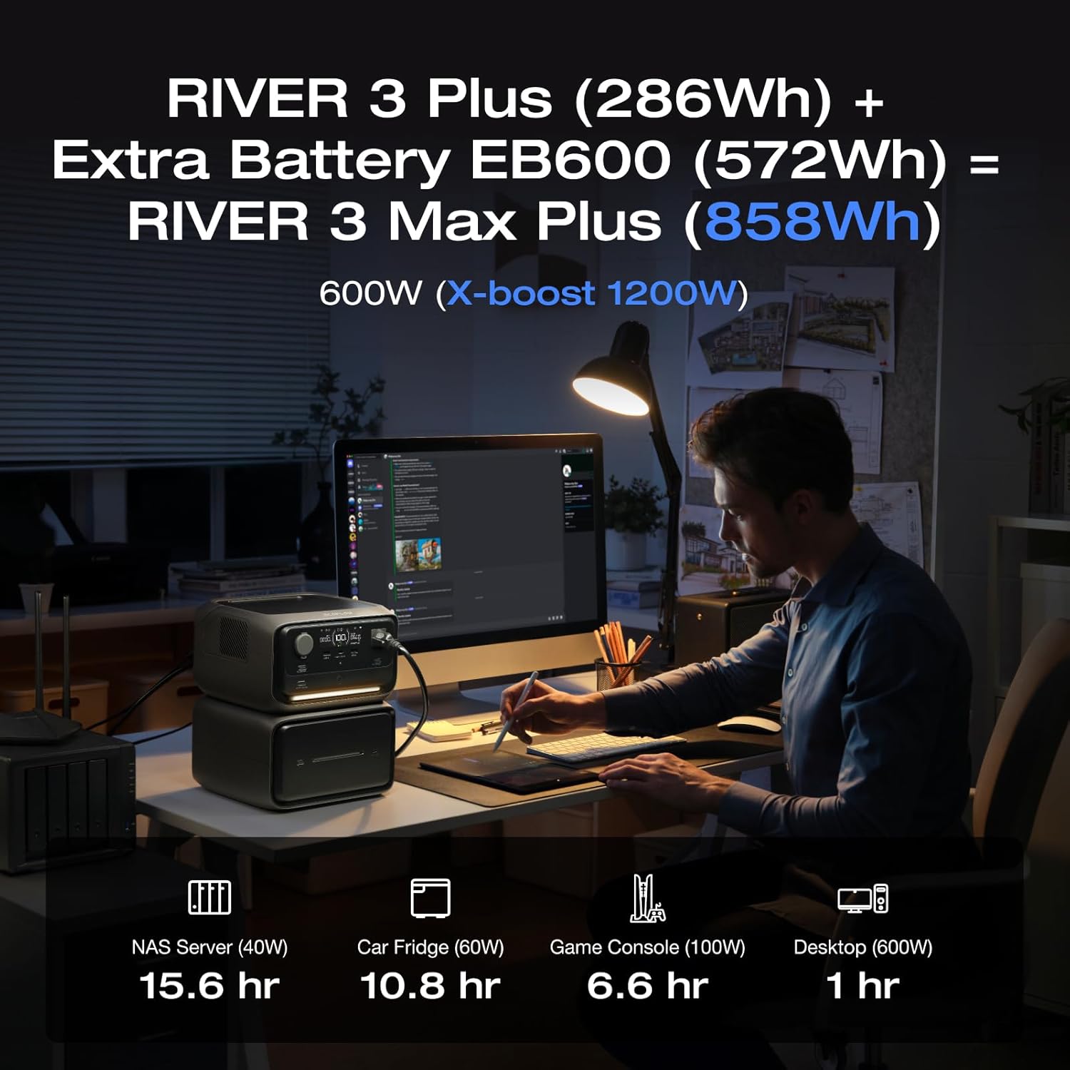 EF ECOFLOW Portable Power Station River 3 Plus with EB600 Extra Battery, Expand Capacity from 286Wh to 858Wh, 3 Up to 1200W AC Outlets, 