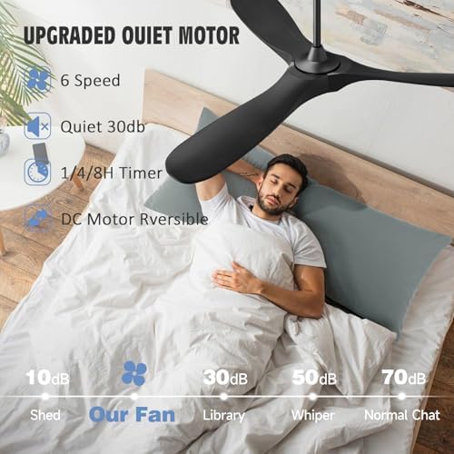 Savey'Sley 60 Inch Outdoor Ceiling Fan with Light, for Patio and Covered Porch - Quiet Energy Efficient DC Motor, 3 Black Wood Blades Rustic Farmhouse Style, Dimmable for Indoor Living Room, Bedroom