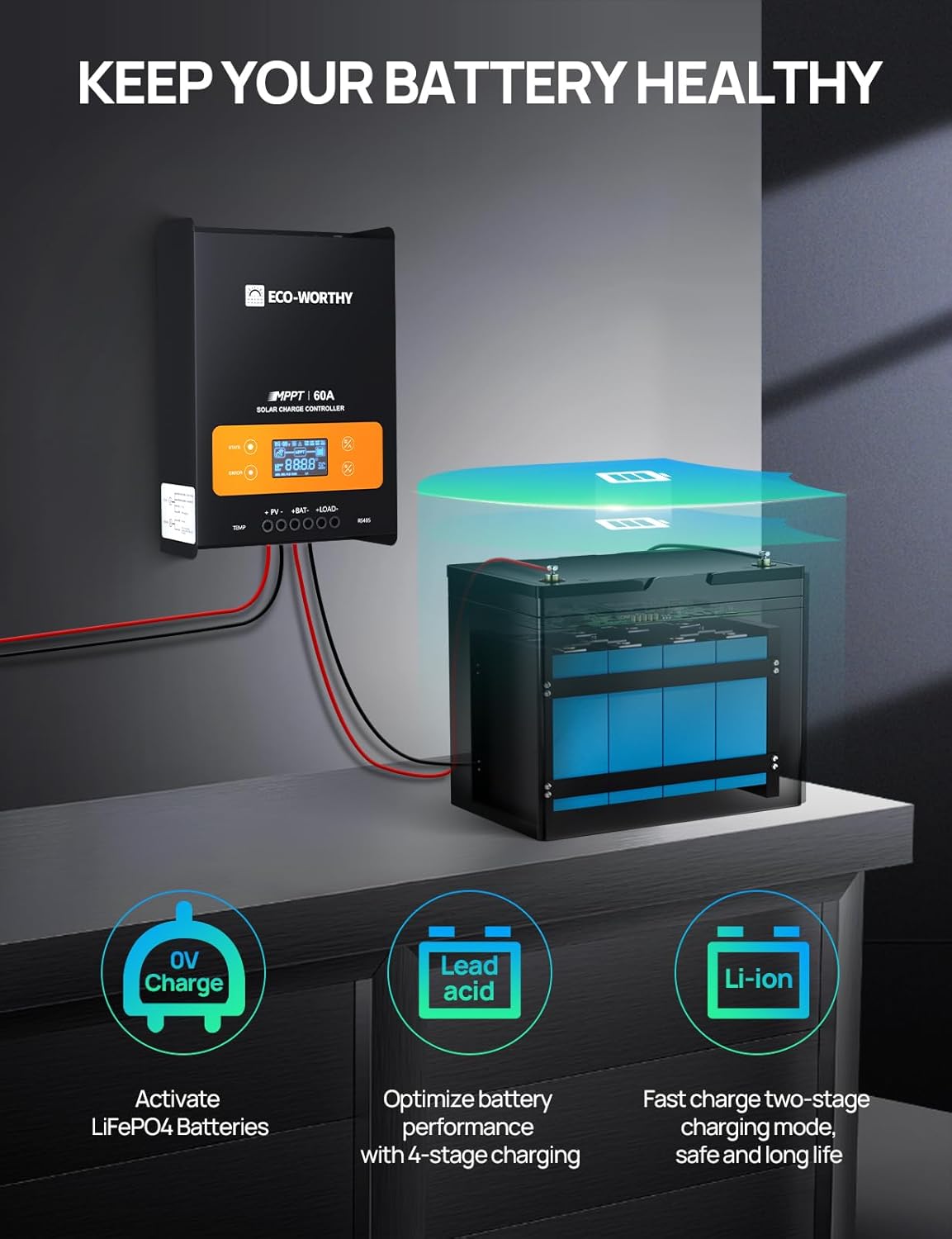 ECO-WORTHY 60A MPPT Solar Charge Controller with Bluetooth&WiFi, Max PV Input 150V,12/24/36/48V Solar Panel Regulator for Lead-Acid/Lifepo4 Battery in Solar System RV