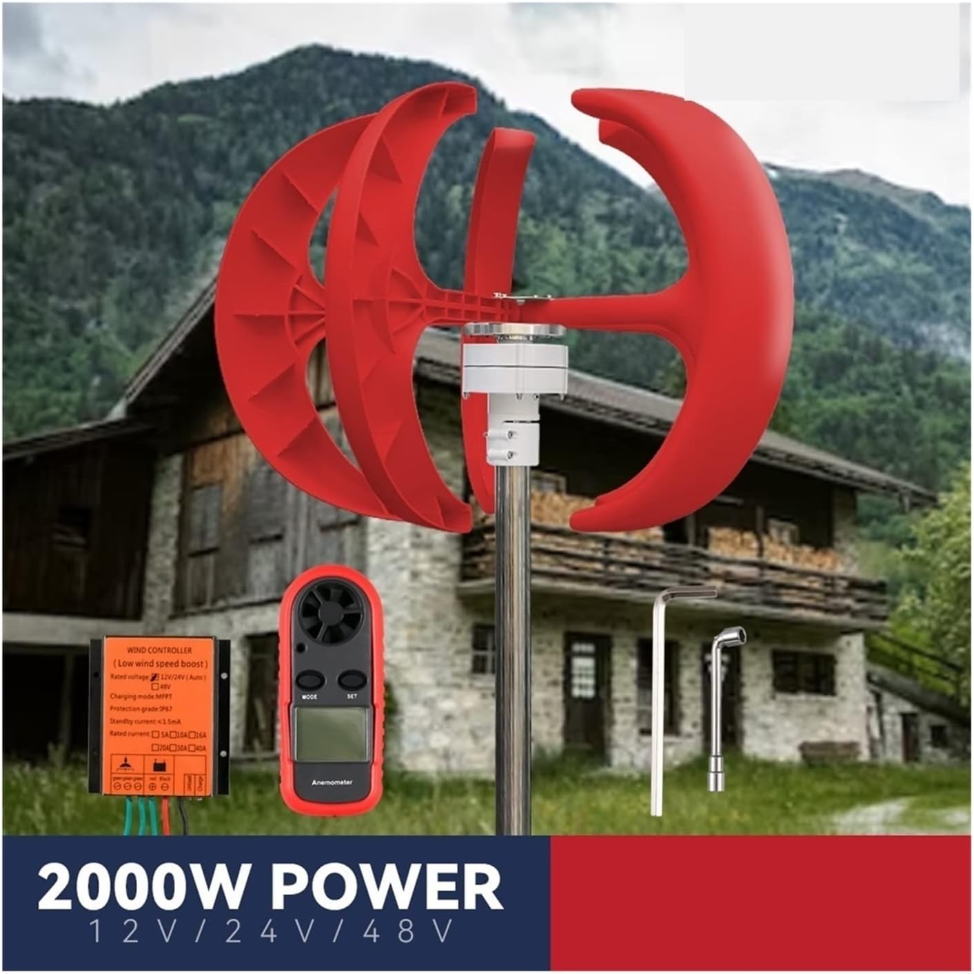 Wind Turbine, Vertical Wind Turbine Windmill 1000W 12v 24v Low Noise Wind Speed Start Rotation Free Energy with MPPT Charge Controller(Blue,Turbine ONLY_24V)