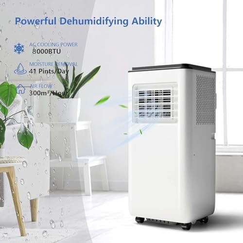 8000 BTU Portable Air Conditioner, 3-In-1 Cool, Fan, Dehumidify Modes, Cools up to 350 sq.ft, Quiet AC Unit with LED Display, with Remote Control, 24 Hour Timer for Room, Dorm, Office